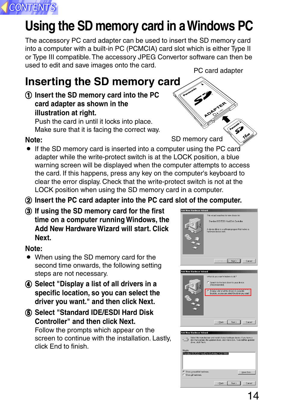 Using the sd memory card in a windows pc, Inserting the sd memory card | Panasonic PT-L702SDE User Manual | Page 14 / 34