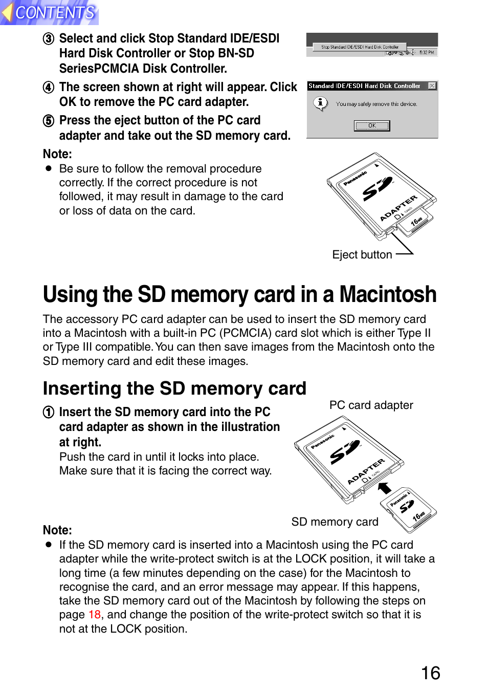 Using the sd memory card in a macintosh, Inserting the sd memory card | Panasonic PT-L702SDE User Manual | Page 16 / 34