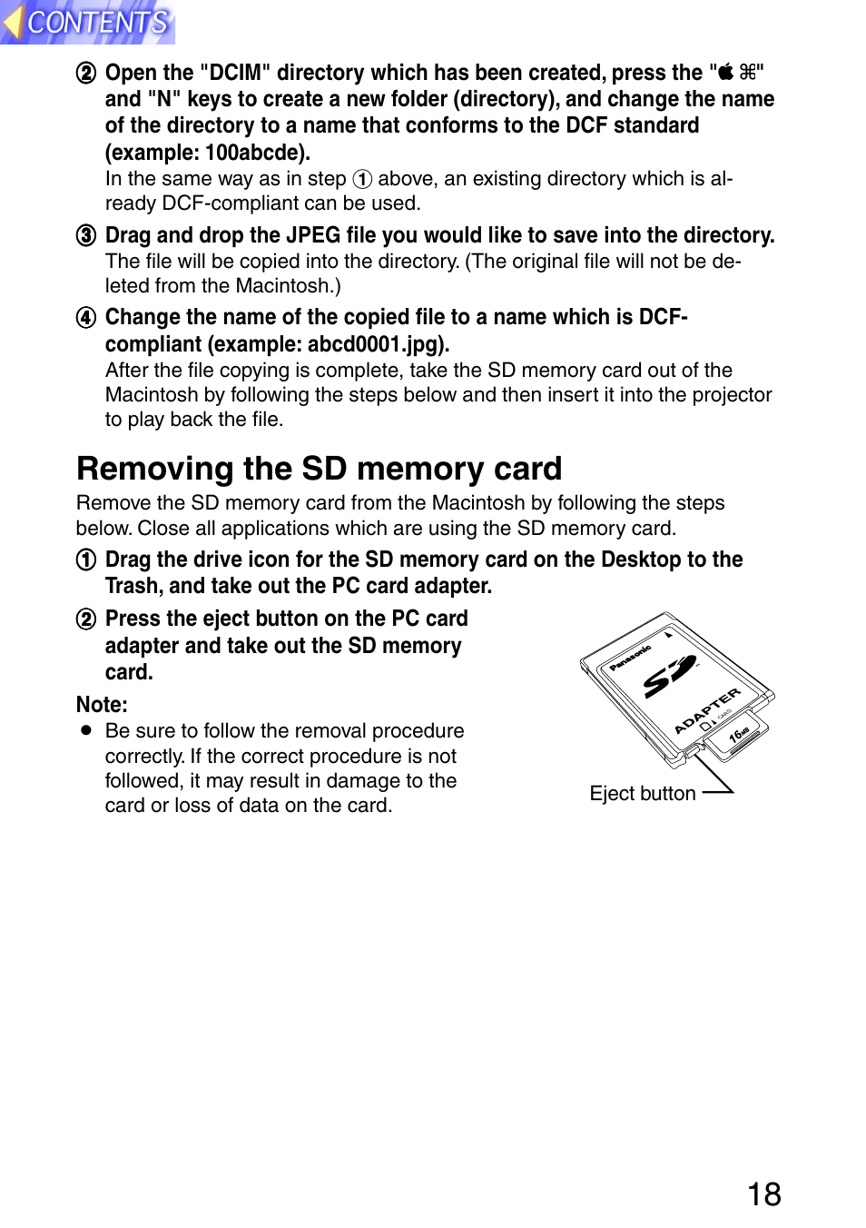 Removing the sd memory card | Panasonic PT-L702SDE User Manual | Page 18 / 34