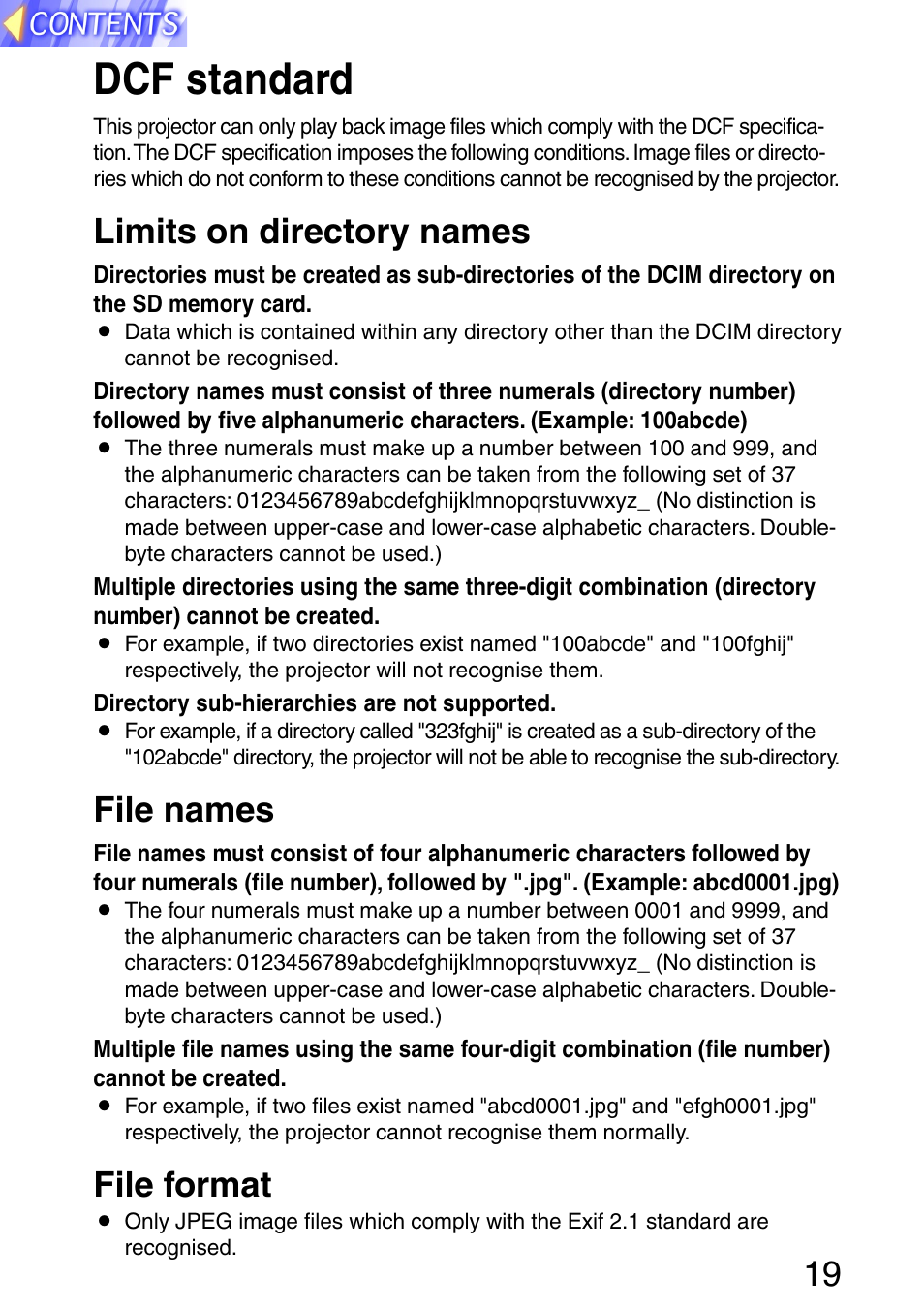 Dcf standard, Limits on directory names, File names | File format | Panasonic PT-L702SDE User Manual | Page 19 / 34