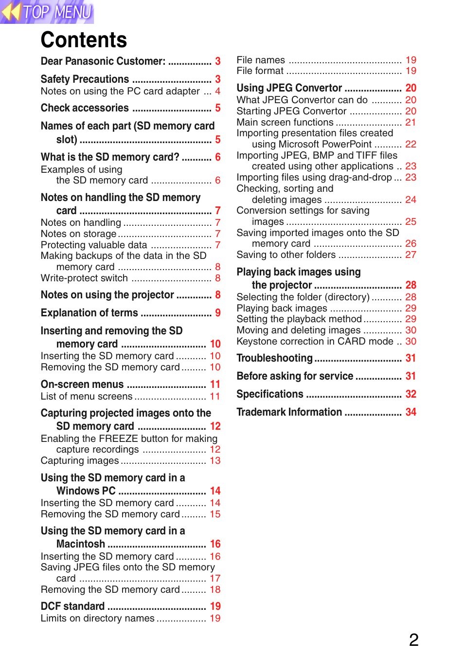 Panasonic PT-L702SDE User Manual | Page 2 / 34