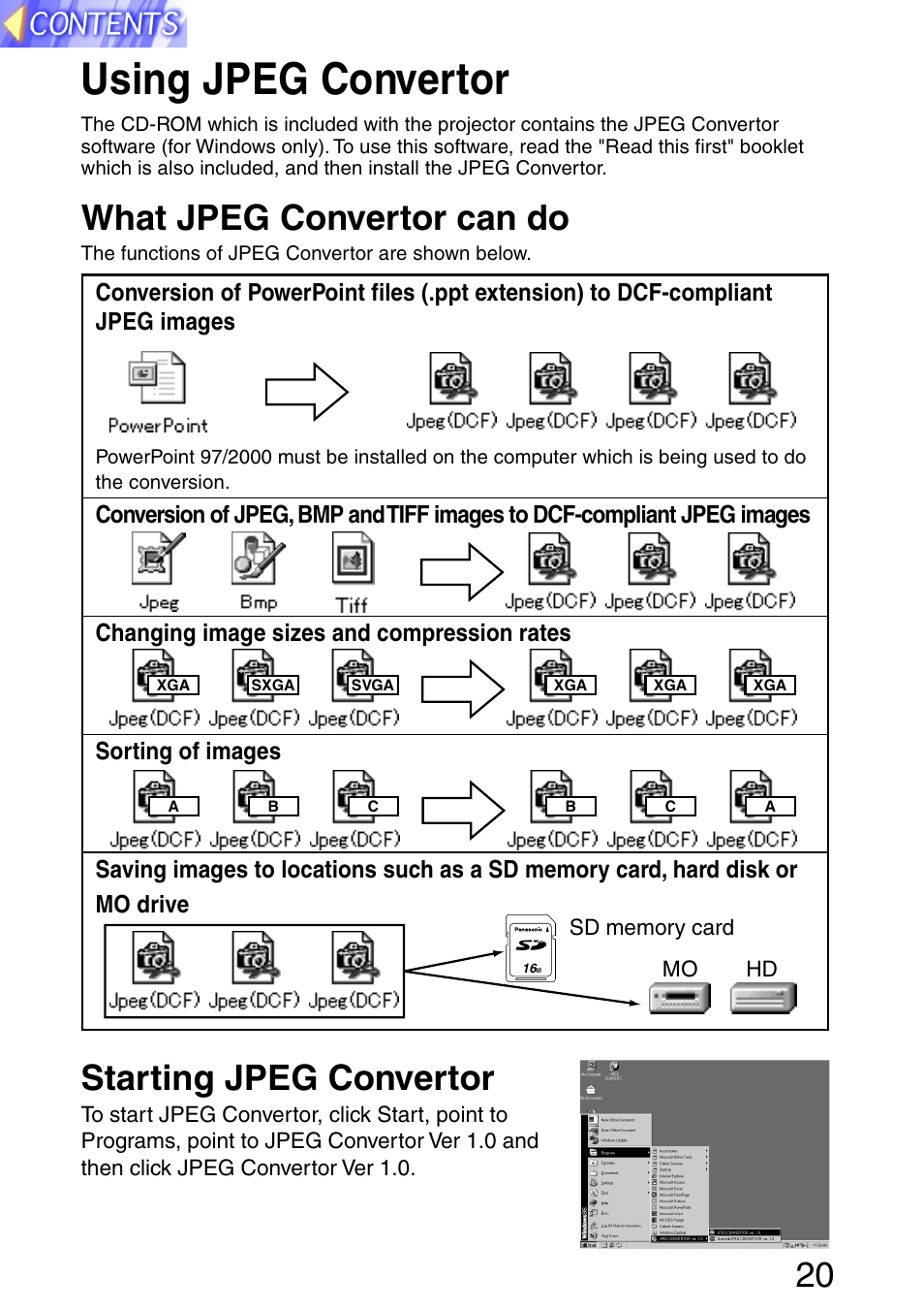 Using jpeg convertor, What jpeg convertor can do, Starting jpeg convertor | Panasonic PT-L702SDE User Manual | Page 20 / 34