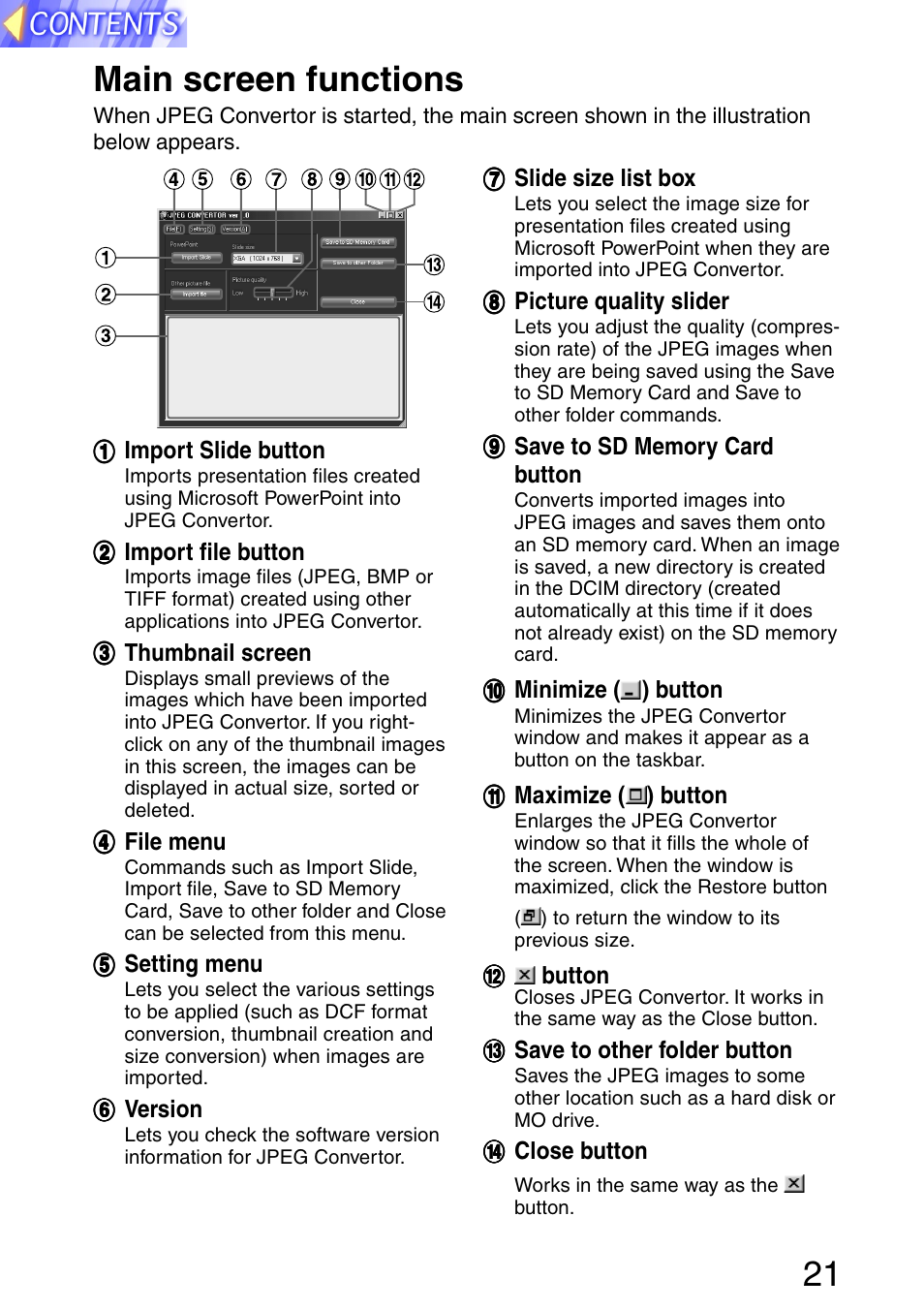 Main screen functions, 21 main screen functions | Panasonic PT-L702SDE User Manual | Page 21 / 34