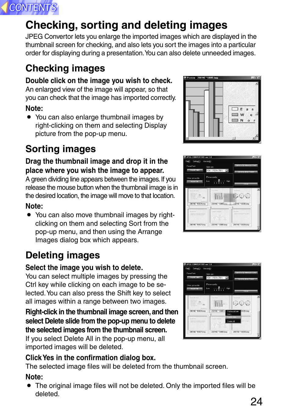 Checking, sorting and deleting images, 24 checking, sorting and deleting images, Checking images | Sorting images, Deleting images | Panasonic PT-L702SDE User Manual | Page 24 / 34