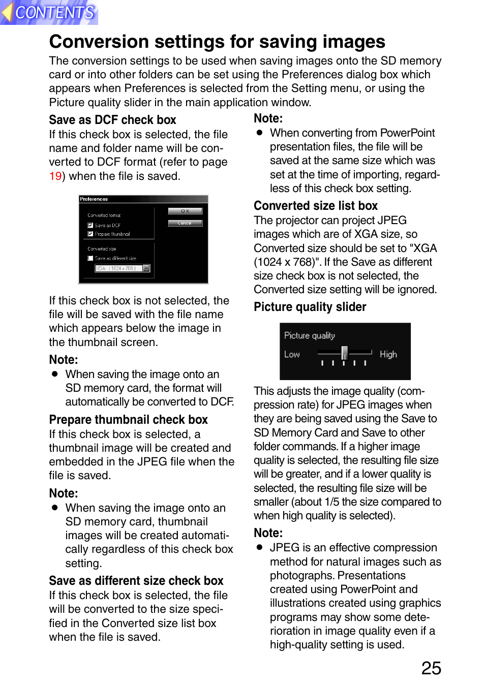 Conversion settings for saving images, 25 conversion settings for saving images | Panasonic PT-L702SDE User Manual | Page 25 / 34