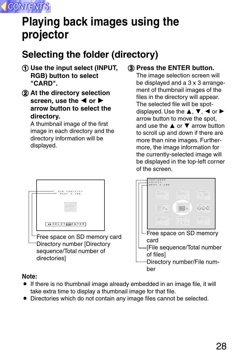 Playing back images using the projector, Selecting the folder (directory) | Panasonic PT-L702SDE User Manual | Page 28 / 34