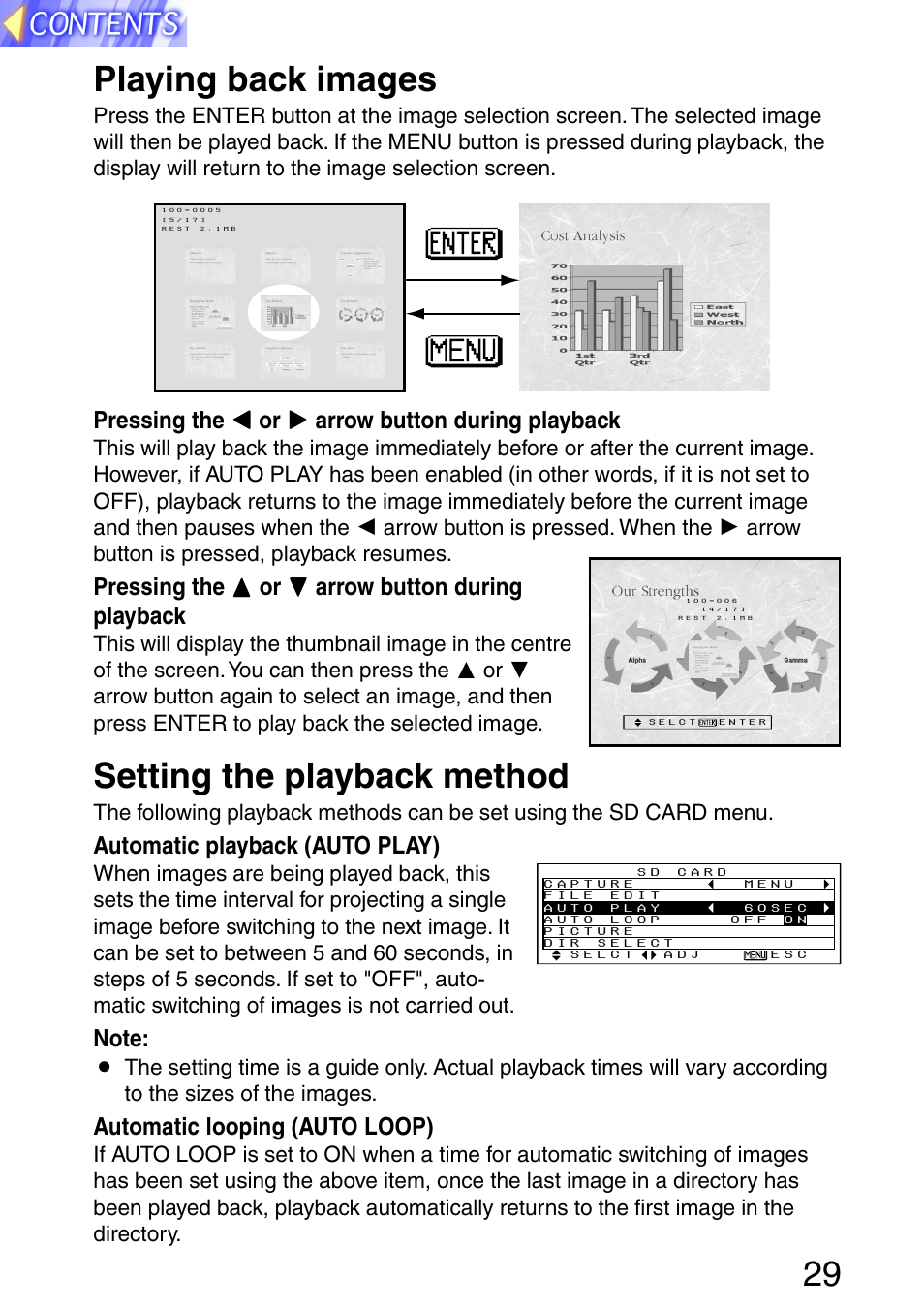 Playing back images, Setting the playback method, 29 playing back images | Automatic playback (auto play), Automatic looping (auto loop) | Panasonic PT-L702SDE User Manual | Page 29 / 34