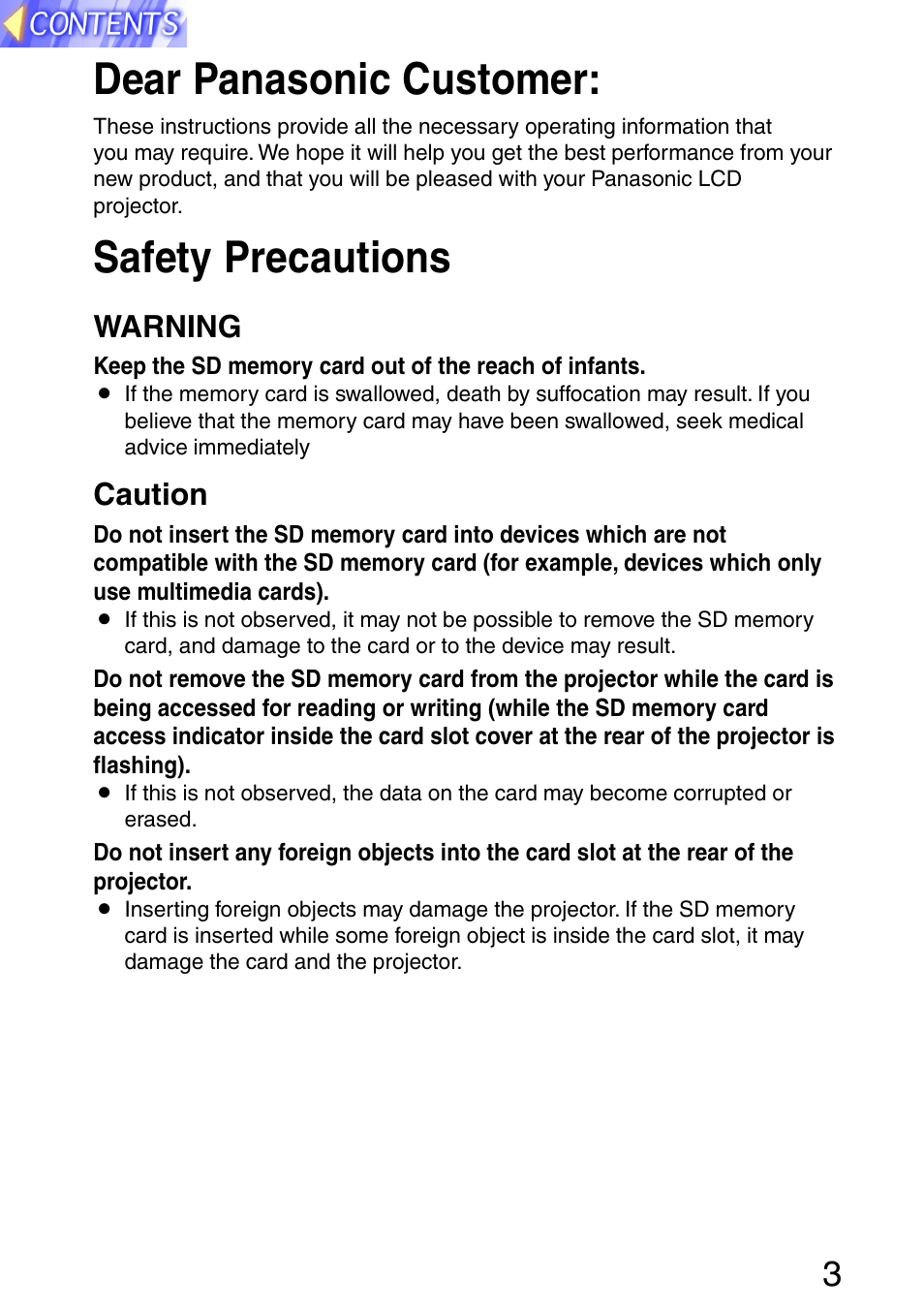 Dear panasonic customer, Safety precautions, Warning | Caution | Panasonic PT-L702SDE User Manual | Page 3 / 34