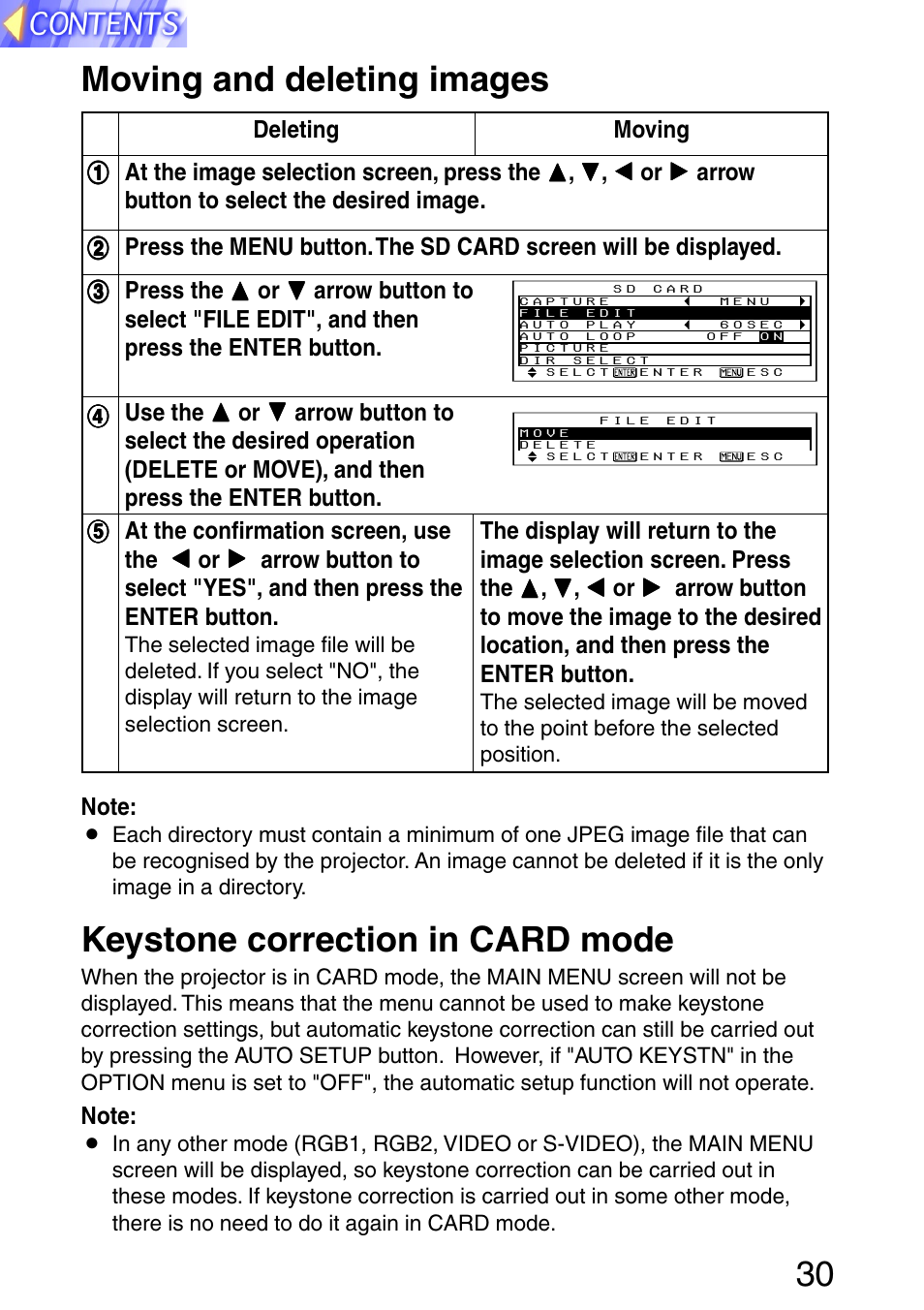 Moving and deleting images, Keystone correction in card mode, Or y | Panasonic PT-L702SDE User Manual | Page 30 / 34
