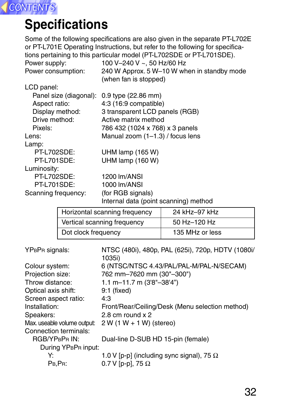 Specifications | Panasonic PT-L702SDE User Manual | Page 32 / 34