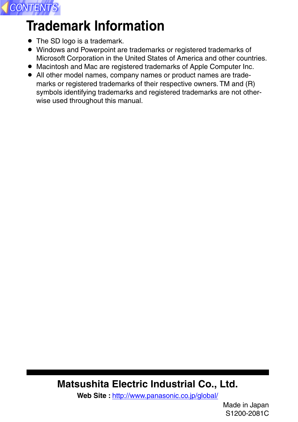 Trademark information, Matsushita electric industrial co., ltd | Panasonic PT-L702SDE User Manual | Page 34 / 34