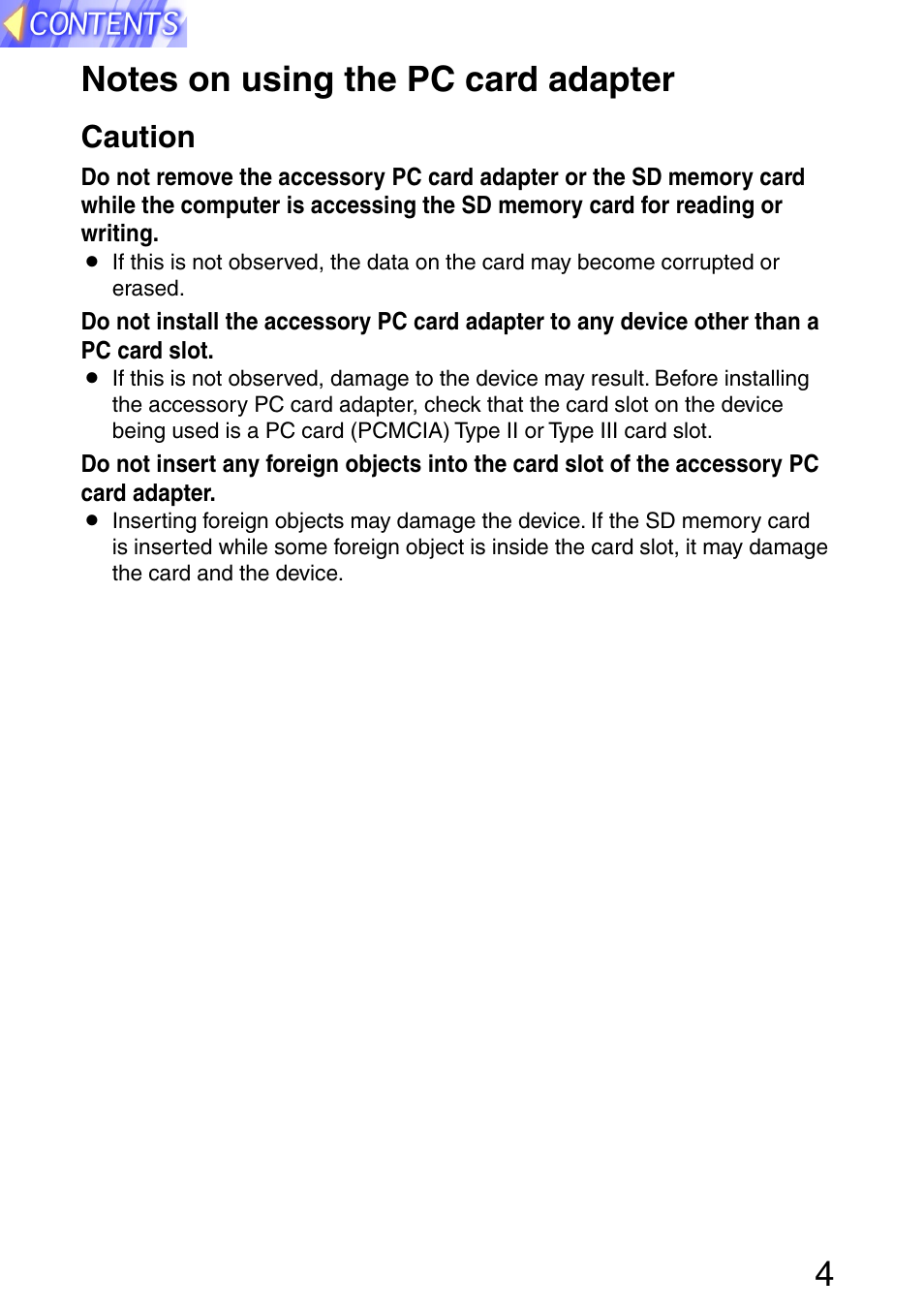 Notes on using the pc card adapter, Caution | Panasonic PT-L702SDE User Manual | Page 4 / 34