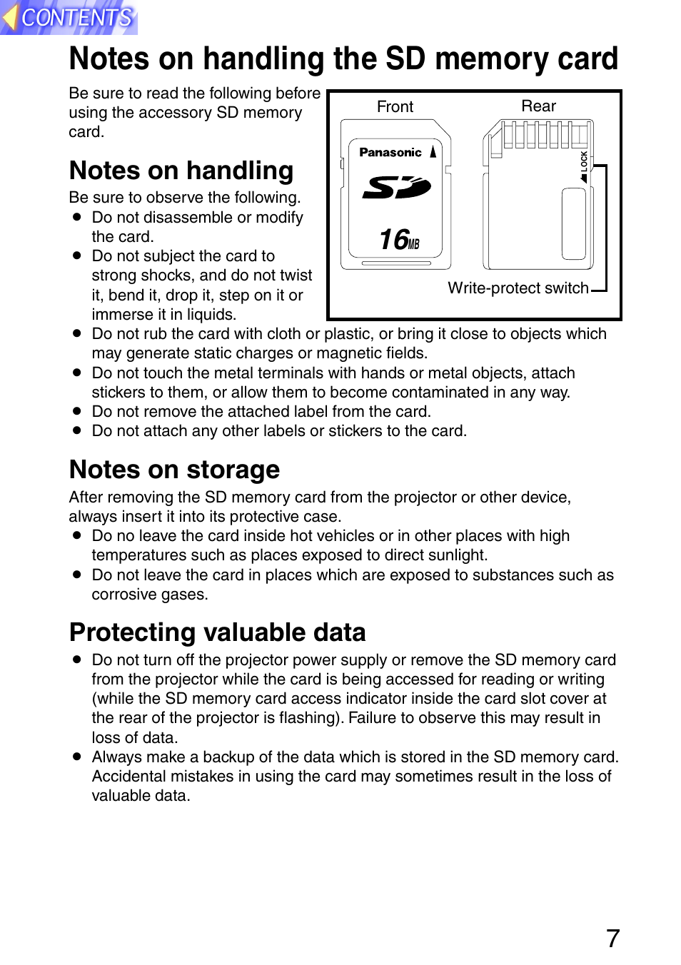 Notes on handling the sd memory card, Notes on handling, Notes on storage | Protecting valuable data | Panasonic PT-L702SDE User Manual | Page 7 / 34