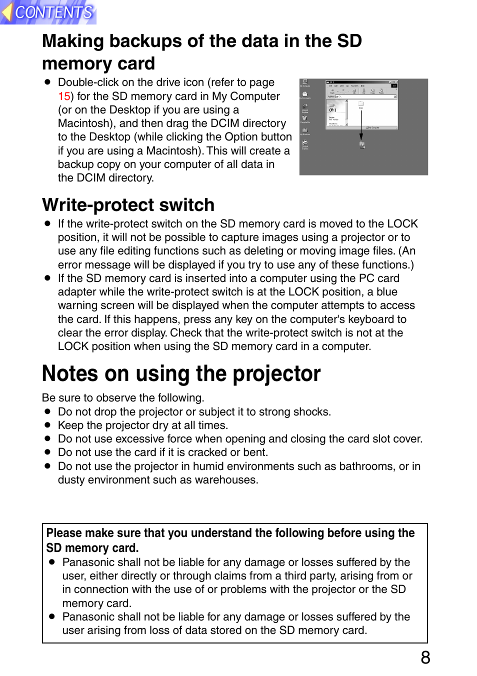 Making backups of the data in the sd memory card, Write-protect switch, Notes on using the projector | Panasonic PT-L702SDE User Manual | Page 8 / 34
