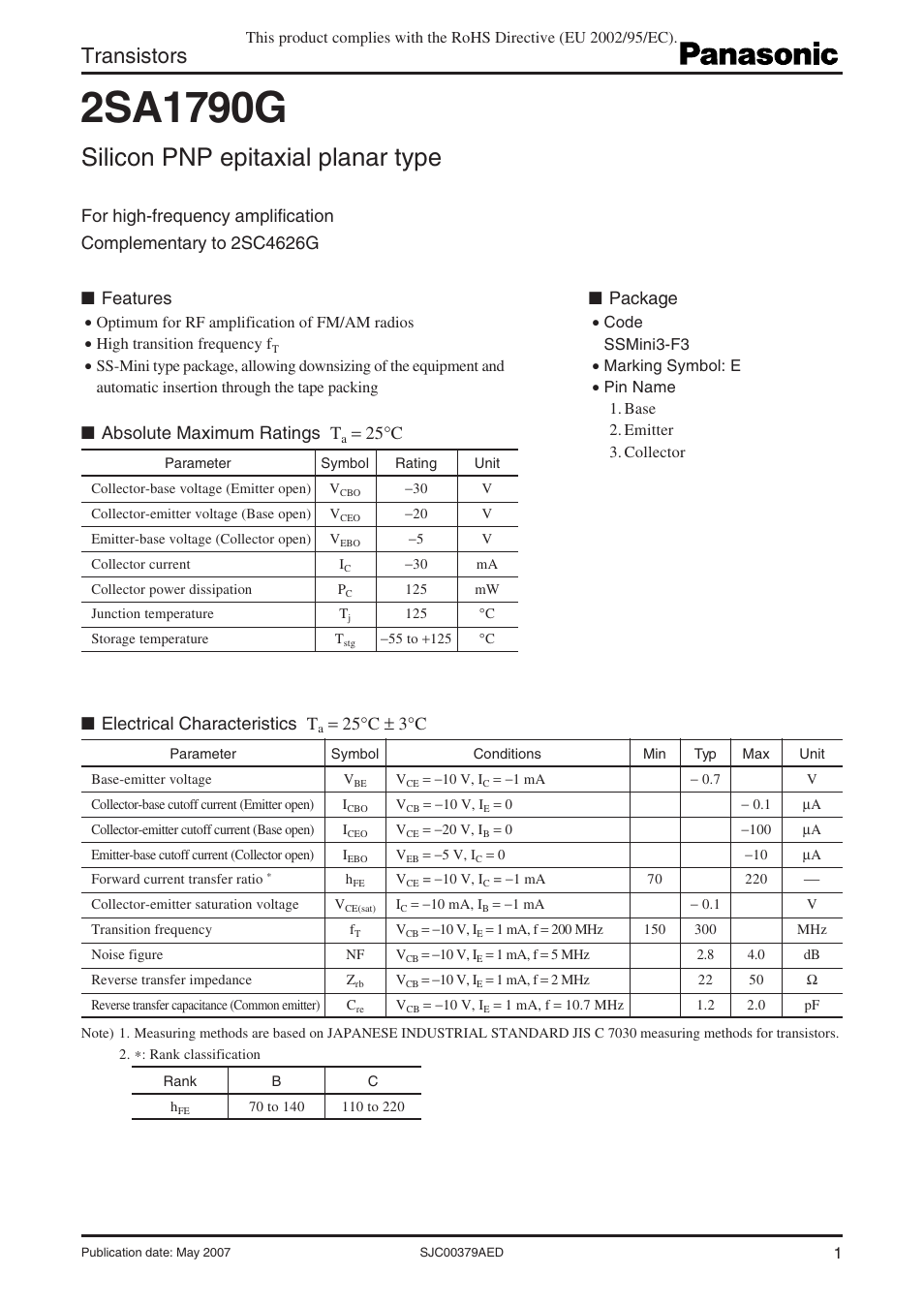 Panasonic 2SA1790G User Manual | 4 pages