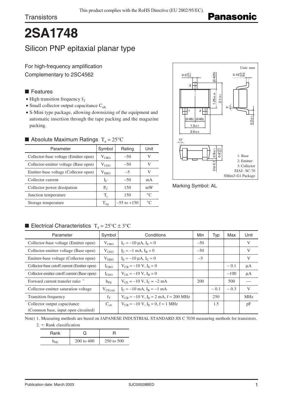 Panasonic 2SA1748 User Manual | 3 pages