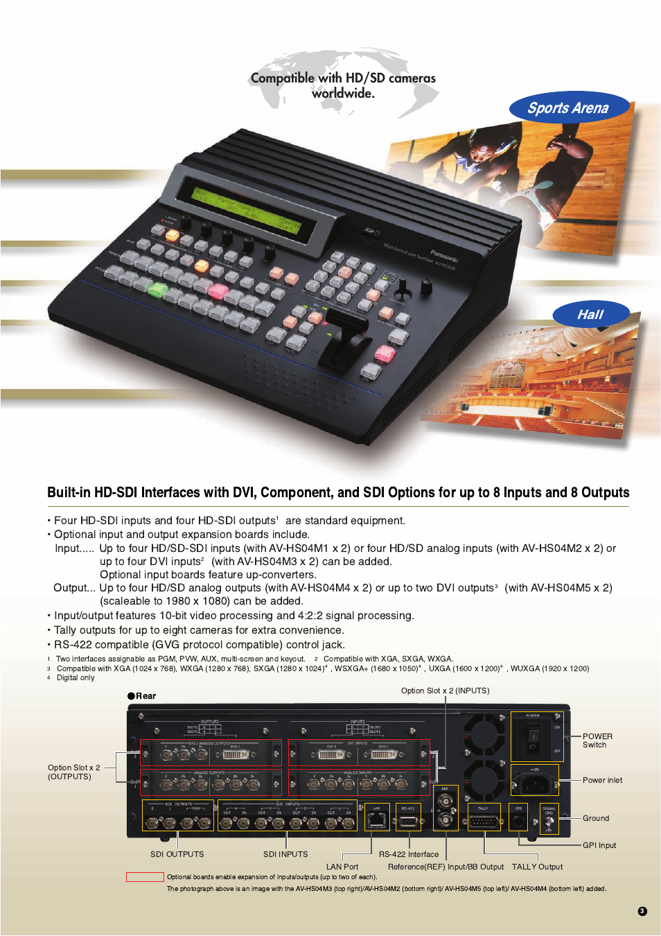 Sports arena, Hall, Compatible with hd/sd cameras worldwide | Four hd-sdi inputs and four hd-sdi outputs | Panasonic AV-HS400 User Manual | Page 3 / 8
