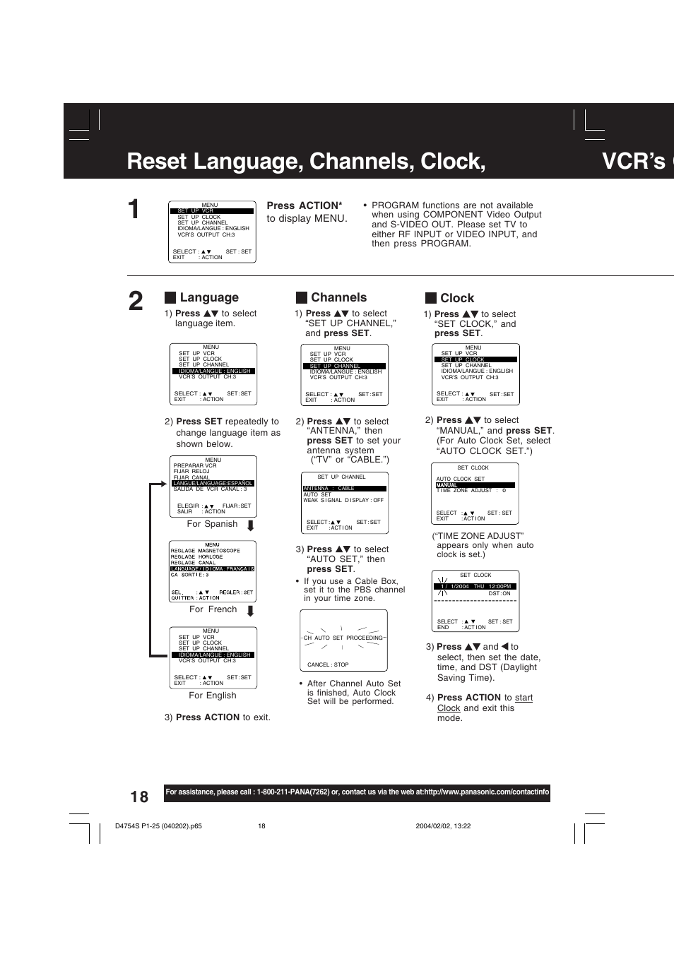 Basic operation, Reset language, channels, clock, vcr’s o, Clock | Language, Channels, Press action* to display menu | Panasonic PV-D4754S User Manual | Page 18 / 72