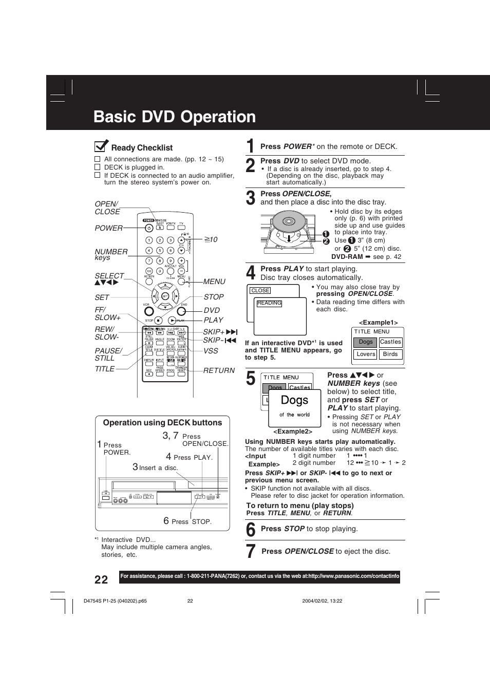 Basic dvd operation | Panasonic PV-D4754S User Manual | Page 22 / 72