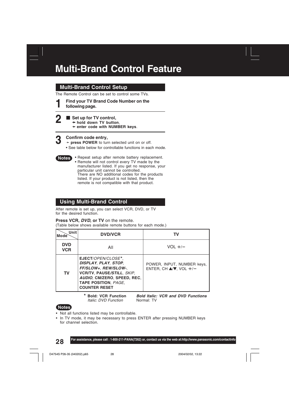 Multi-brand control feature | Panasonic PV-D4754S User Manual | Page 28 / 72