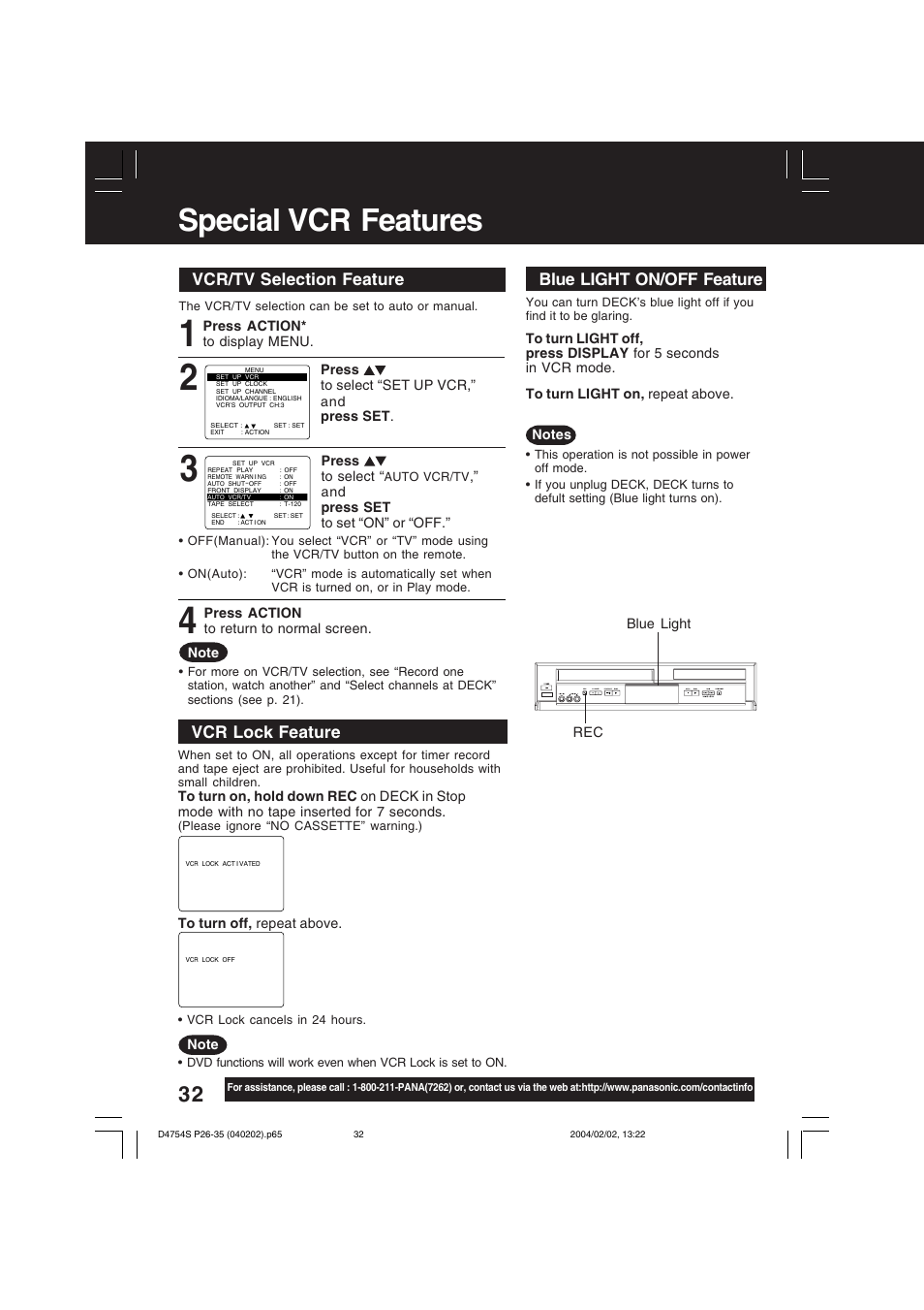 Special vcr features, Vcr/tv selector feature vcr/tv selection feature, Vcr lock feature | Blue light on/off feature | Panasonic PV-D4754S User Manual | Page 32 / 72