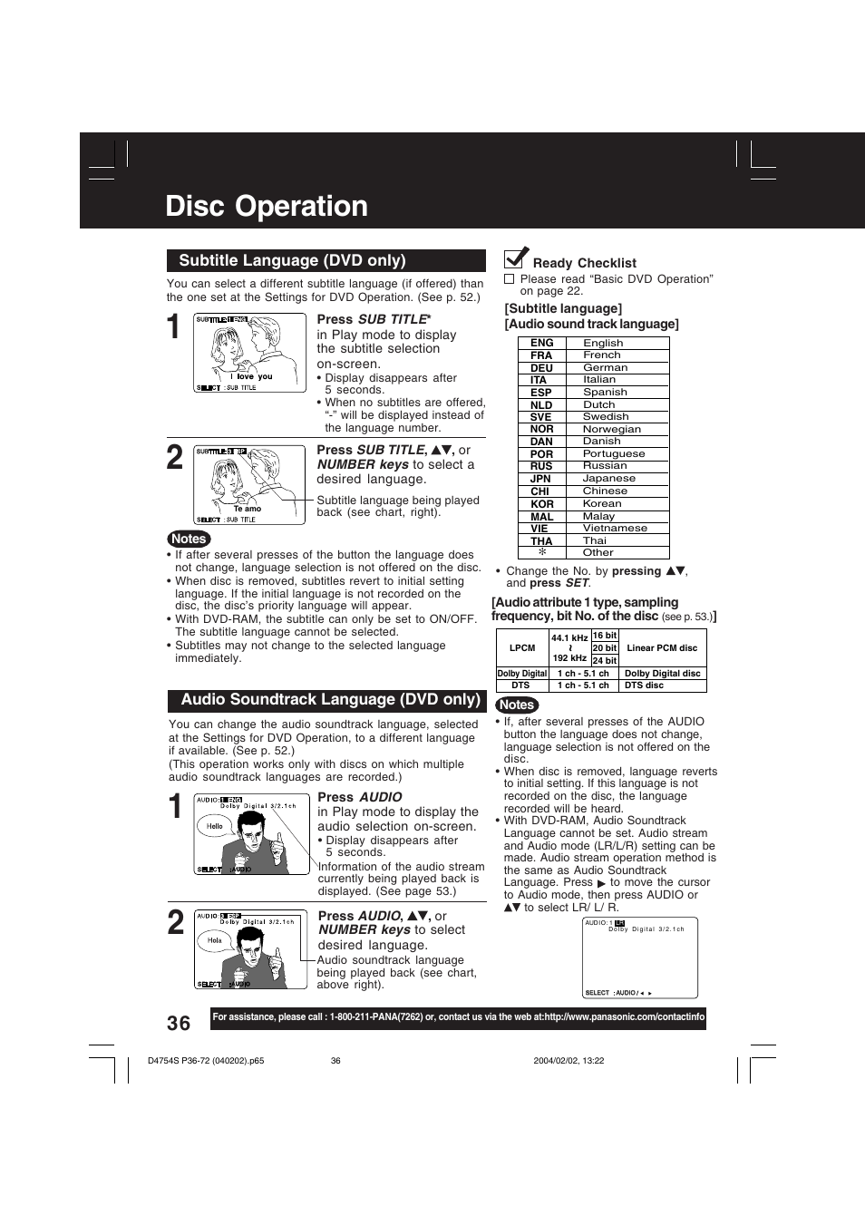 Dvd operation, Disc operation, Subtitle language (dvd only) | Audio soundtrack language (dvd only) | Panasonic PV-D4754S User Manual | Page 36 / 72