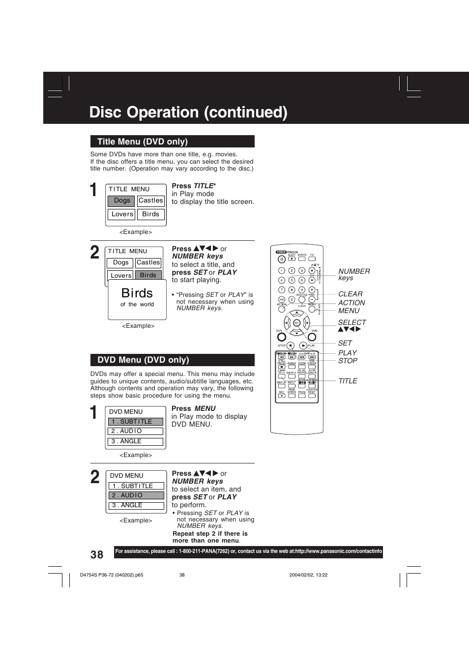 Disc operation (continued), Title menu (dvd only), Dvd menu (dvd only) | Panasonic PV-D4754S User Manual | Page 38 / 72