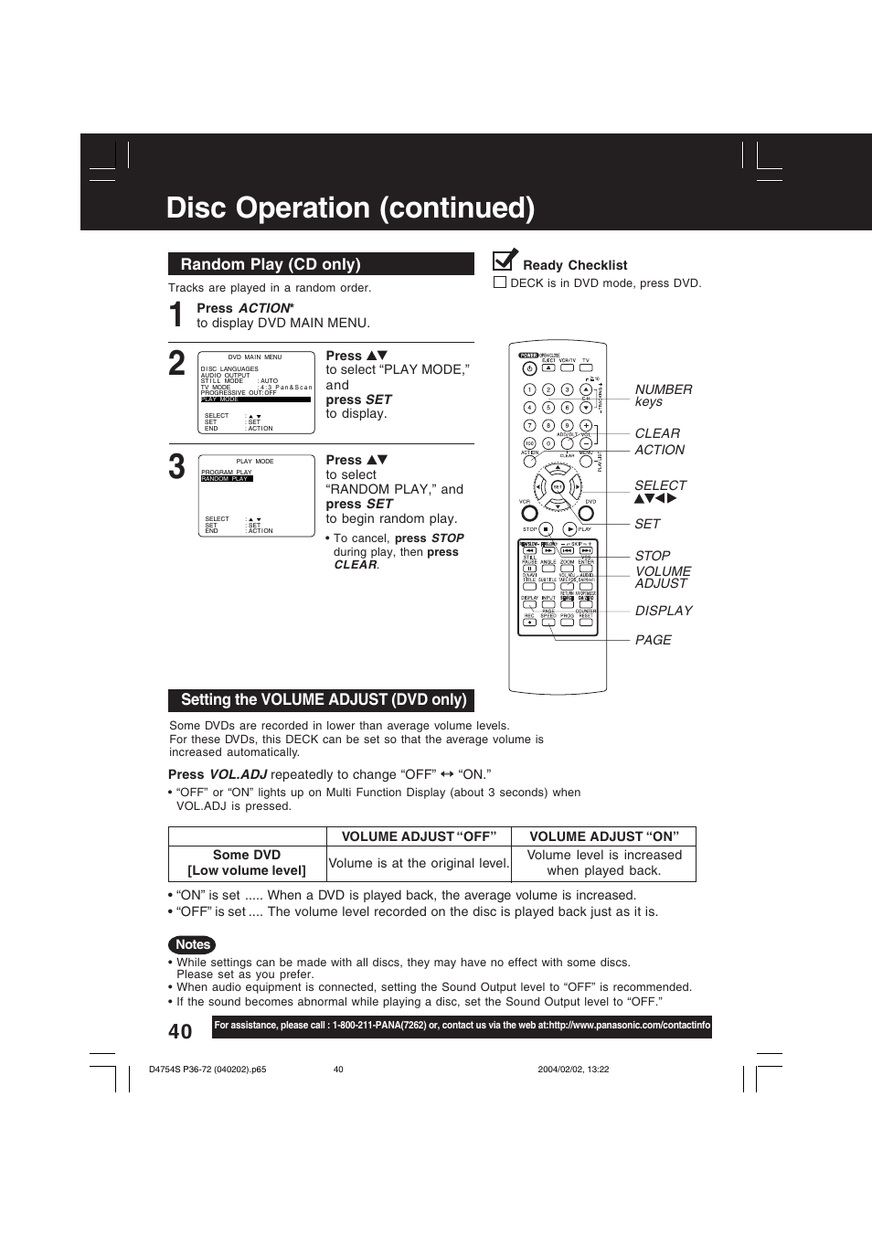 Disc operation (continued), Random play (cd only), Setting the volume adjust (dvd only) | Panasonic PV-D4754S User Manual | Page 40 / 72