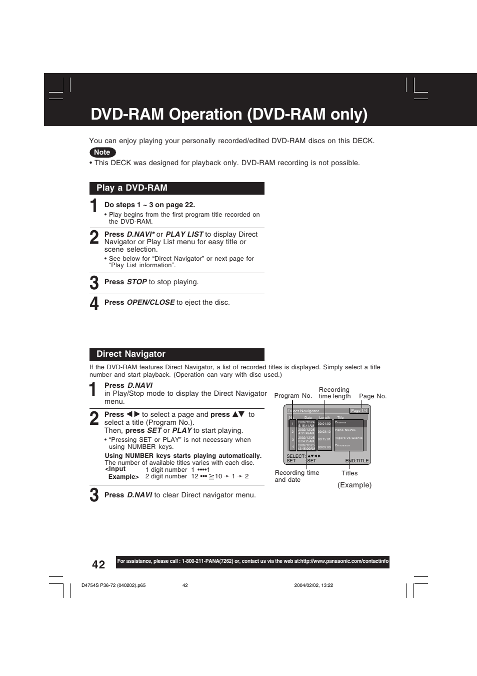 Dvd-ram operation (dvd-ram only), Direct navigator, Play a dvd-ram | Panasonic PV-D4754S User Manual | Page 42 / 72