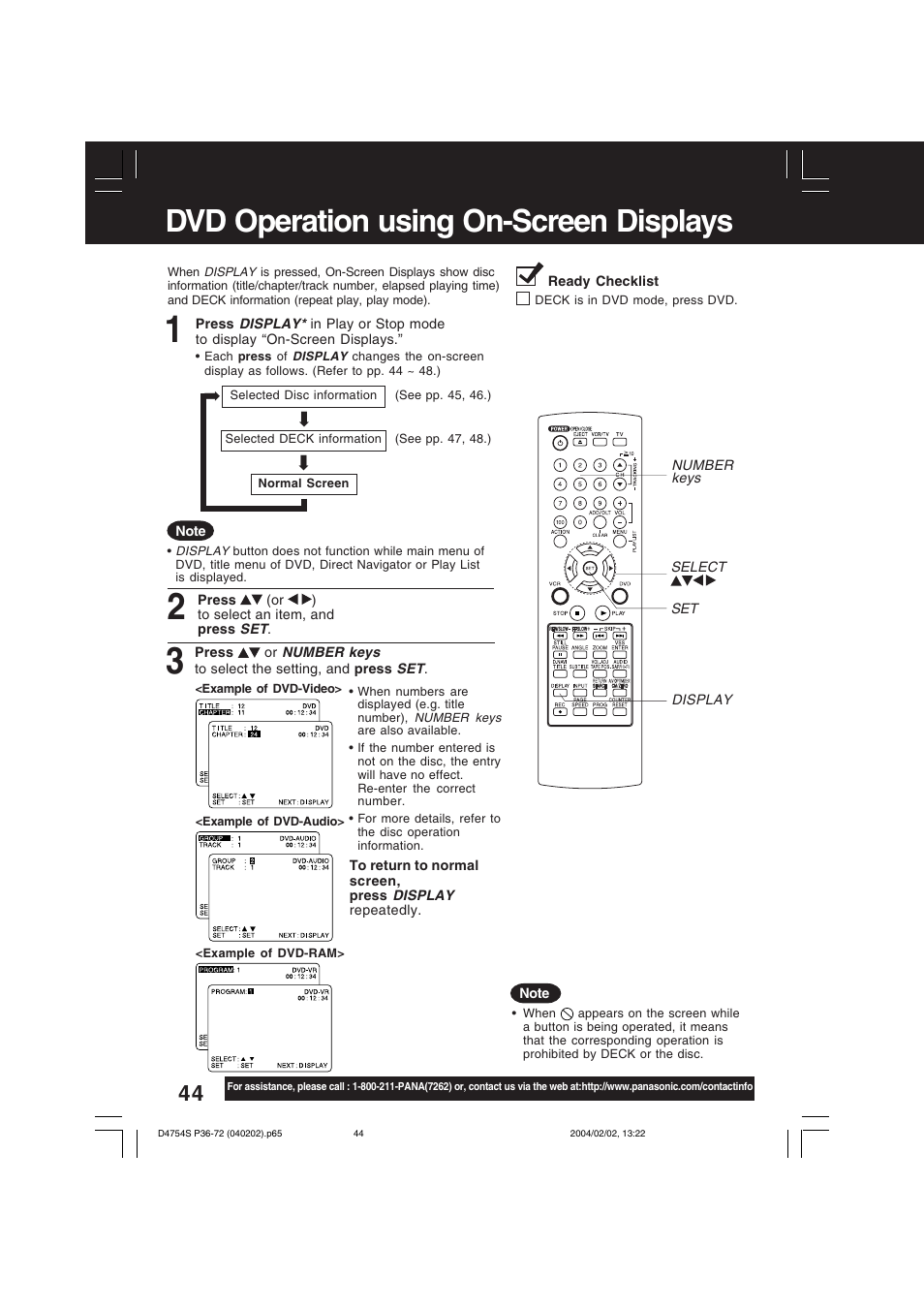 Dvd operation using on-screen displays | Panasonic PV-D4754S User Manual | Page 44 / 72