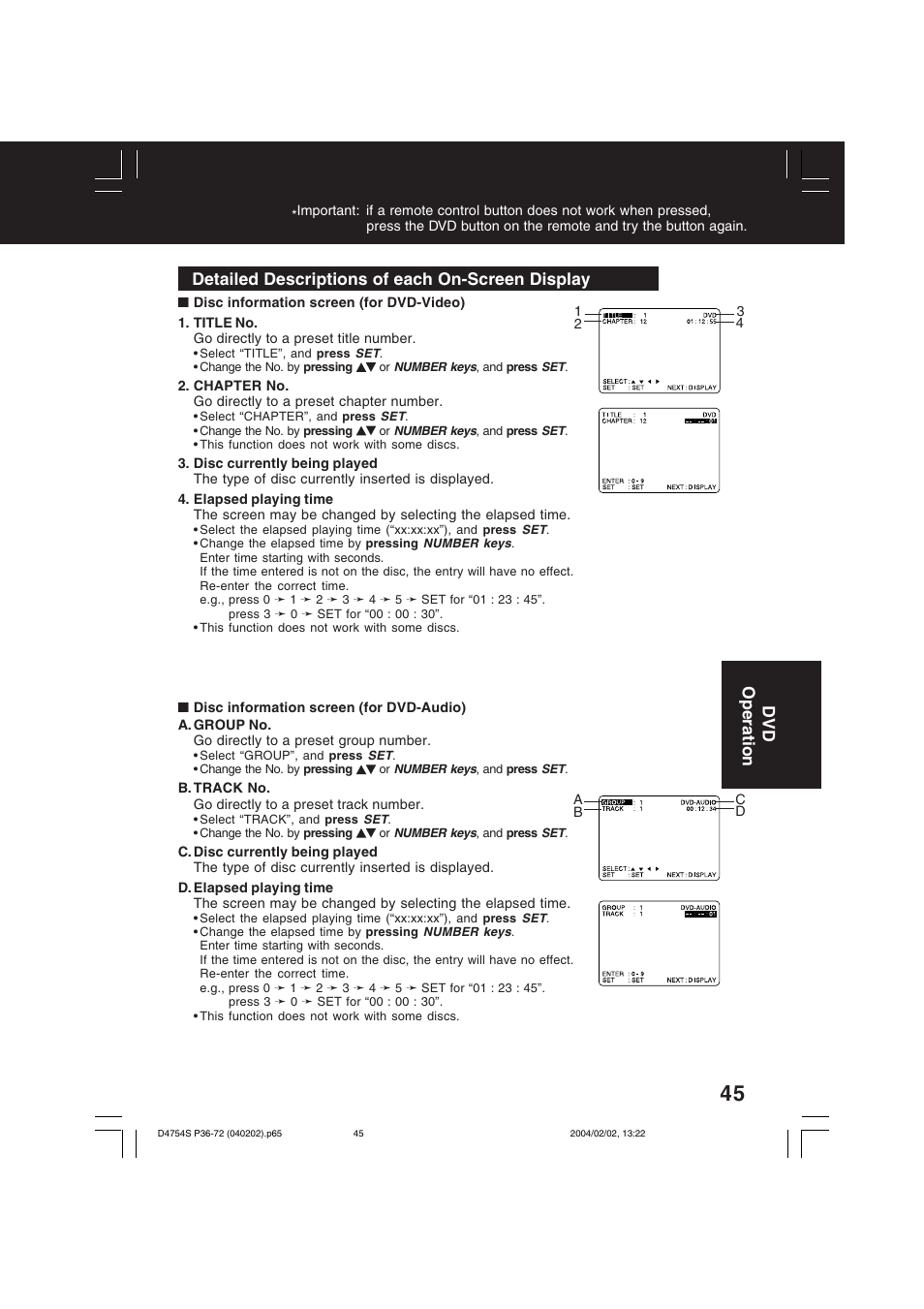 Detailed descriptions of each on-screen display, Dvd operation | Panasonic PV-D4754S User Manual | Page 45 / 72
