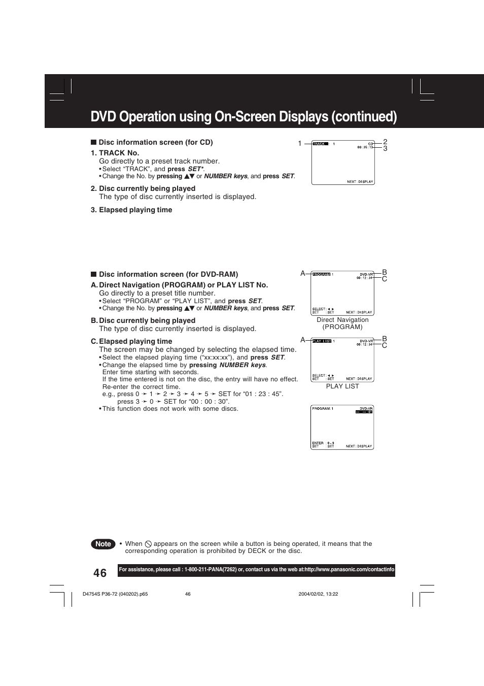 Dvd operation using on-screen displays (continued) | Panasonic PV-D4754S User Manual | Page 46 / 72