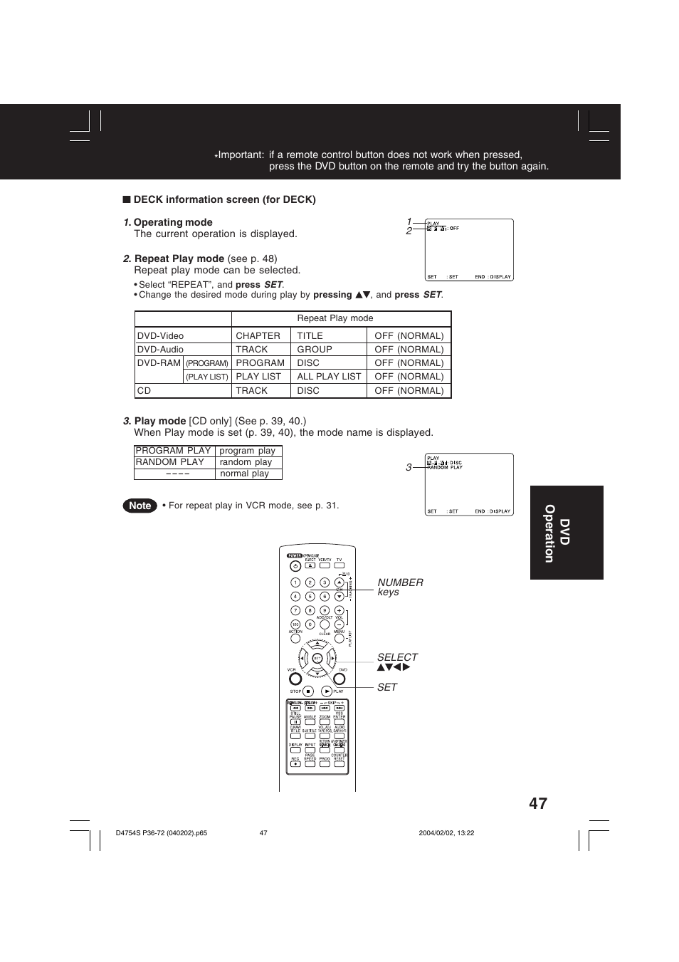 Dvd operation | Panasonic PV-D4754S User Manual | Page 47 / 72