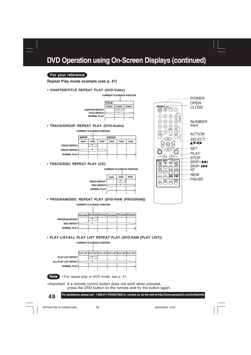 Dvd operation using on-screen displays (continued) | Panasonic PV-D4754S User Manual | Page 48 / 72