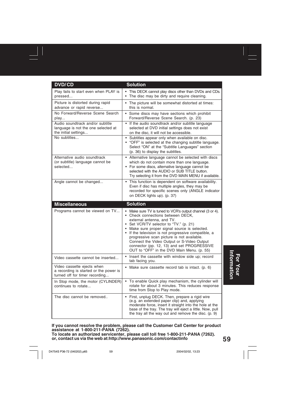 For your information | Panasonic PV-D4754S User Manual | Page 59 / 72