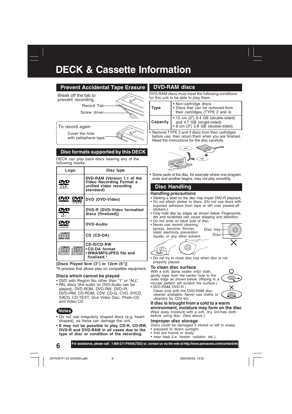 Deck & cassette information, Prevent accidental tape erasure, Dvd-ram discs | Disc handling | Panasonic PV-D4754S User Manual | Page 6 / 72
