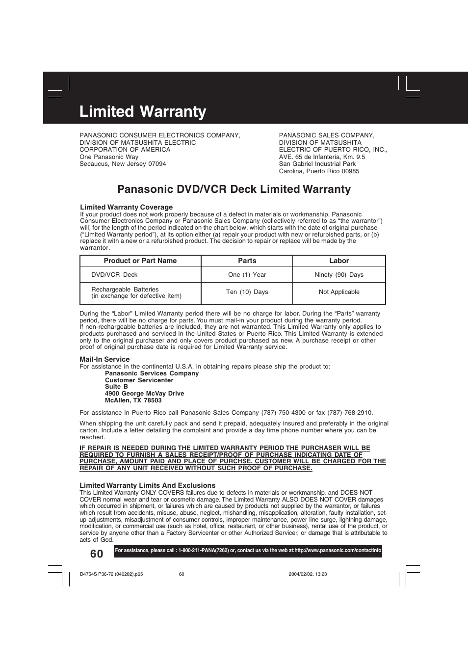 Limited warranty, Panasonic dvd/vcr deck limited warranty | Panasonic PV-D4754S User Manual | Page 60 / 72