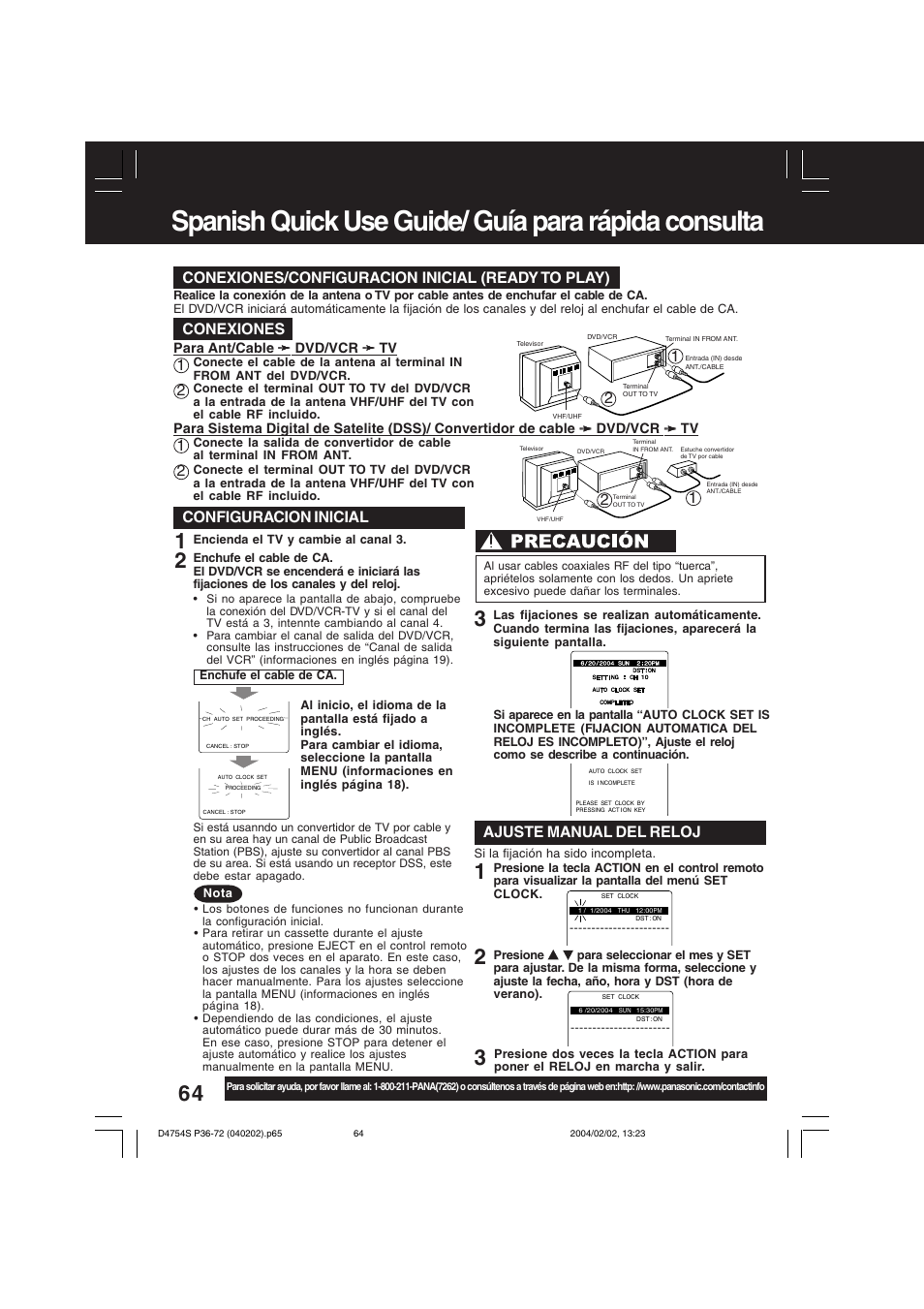 Spanish quick use guide/ guía para rápida consulta, Para ajustar el idioma, canal y, Conexiones/configuracion inicial (ready to play) | Conexiones, 21 2 1 configuracion inicial, Ajuste manual del reloj | Panasonic PV-D4754S User Manual | Page 64 / 72