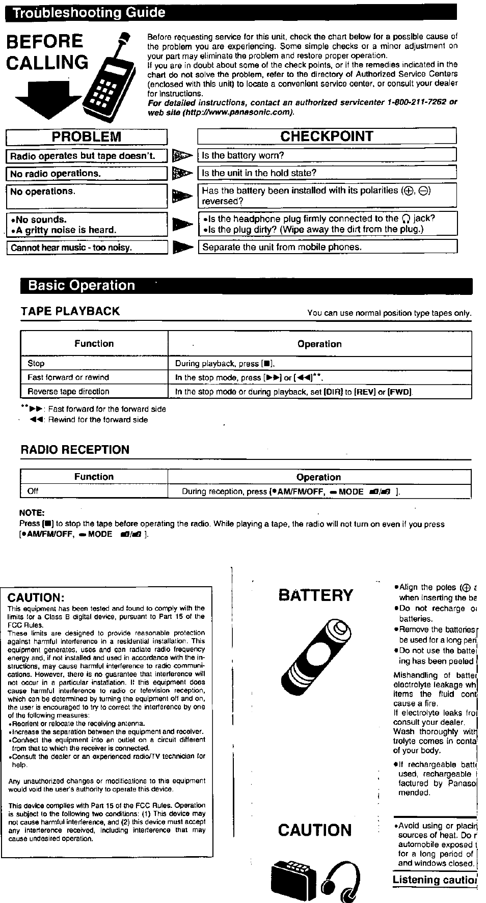 Troubleshooting guide, Basic operation, Battery | Caution, Before calling, Problem checkpoint | Panasonic RQ-E25V User Manual | Page 3 / 6