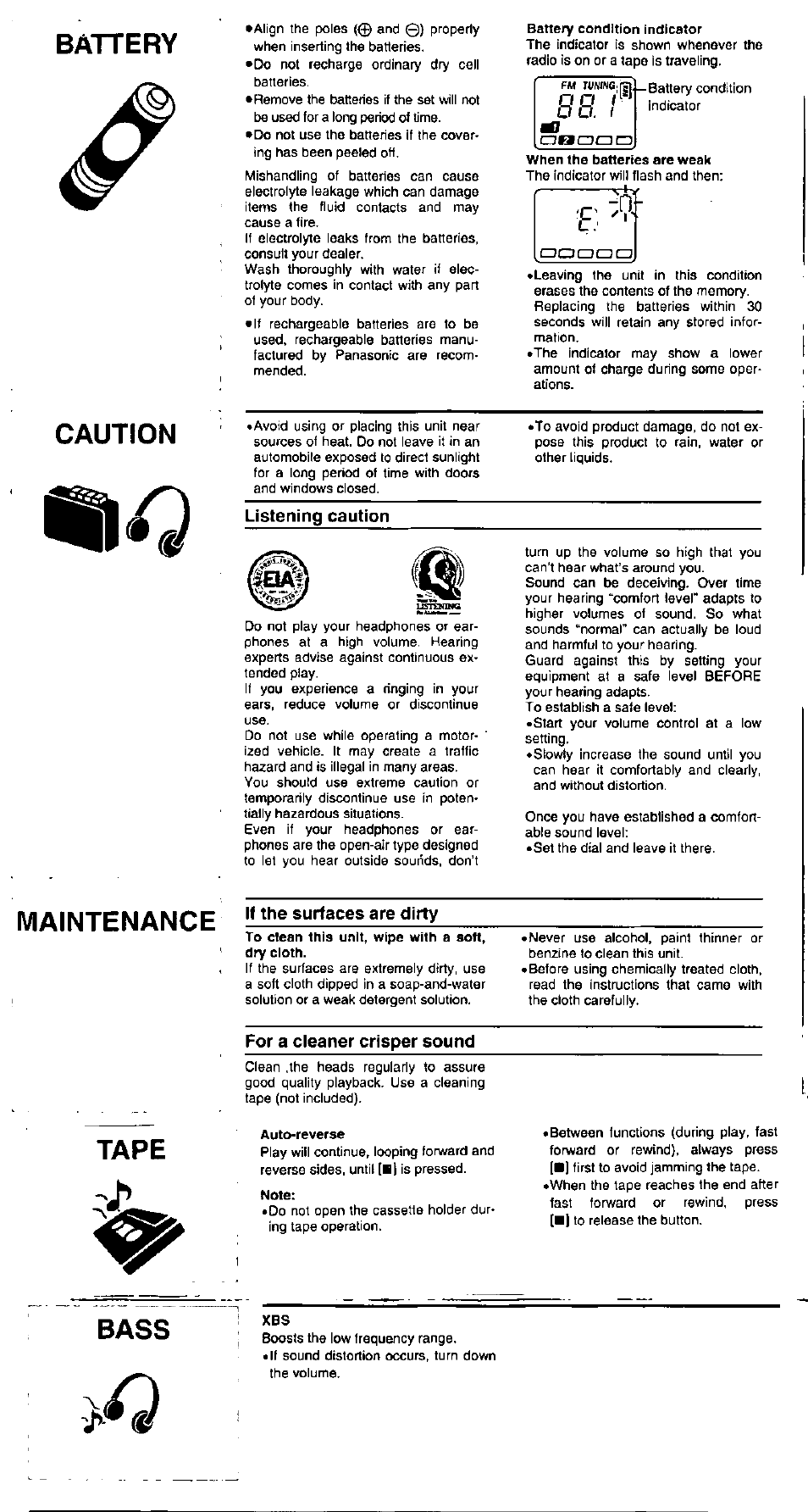 Battery, Caution, Maintenance l | Tape, Bass | Panasonic RQ-E25V User Manual | Page 4 / 6