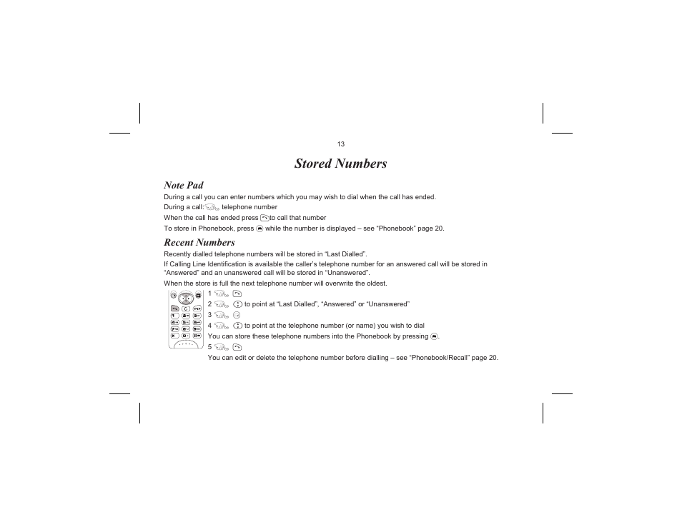 Stored numbers, Note pad, Recent numbers | Note pad, recent numbers | Panasonic EB-G520  EN User Manual | Page 16 / 40