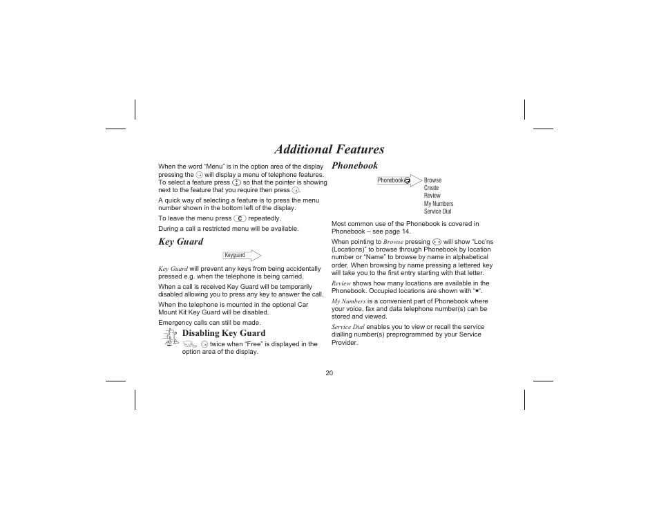 Additional features, Key guard, Phonebook | Key guard, phonebook | Panasonic EB-G520  EN User Manual | Page 23 / 40