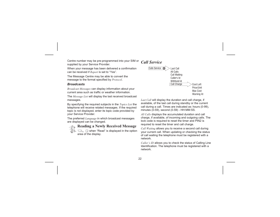Call service, Reading a newly received message | Panasonic EB-G520  EN User Manual | Page 25 / 40