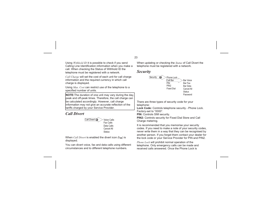 Call divert, Security, Call divert, security | Panasonic EB-G520  EN User Manual | Page 26 / 40