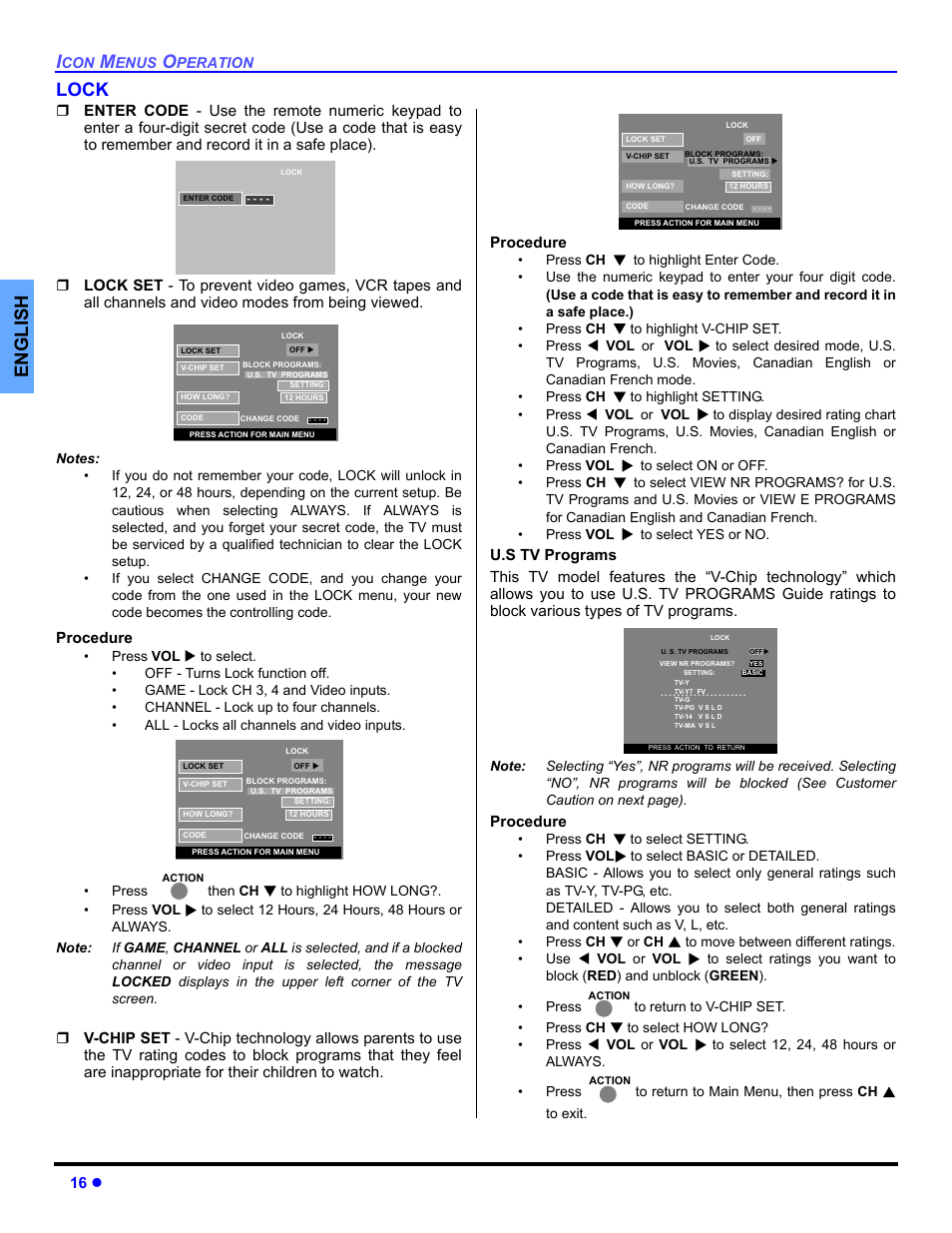 Lock, English lock | Panasonic CT 27HL14 User Manual | Page 18 / 80