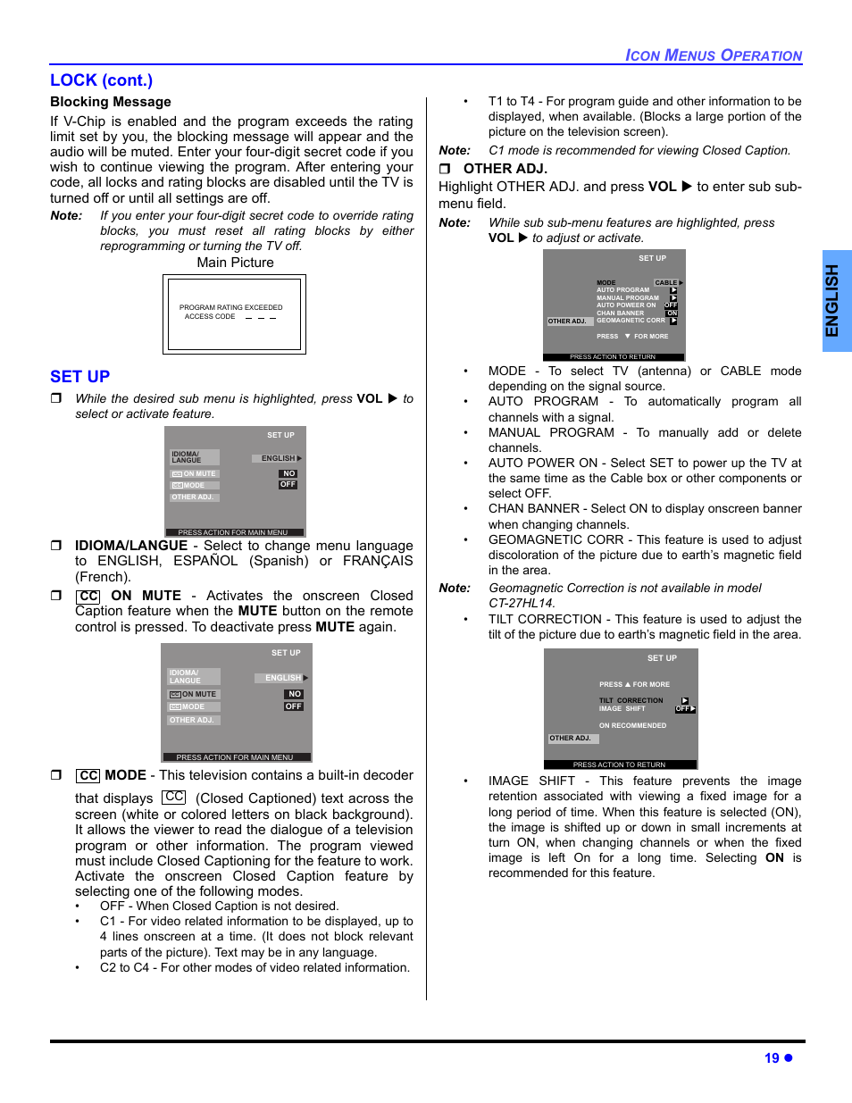 Set up, English lock (cont.) | Panasonic CT 27HL14 User Manual | Page 21 / 80