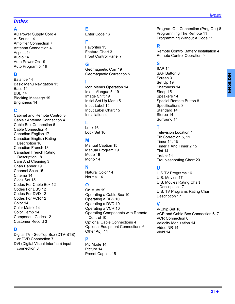 Index | Panasonic CT 27HL14 User Manual | Page 23 / 80