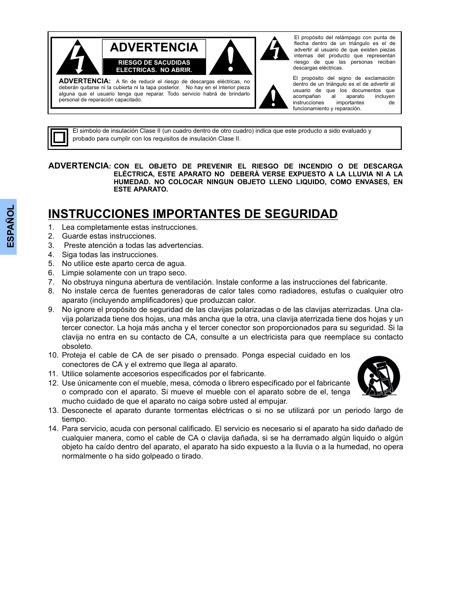 Advertencia, Instrucciones importantes de seguridad | Panasonic CT 27HL14 User Manual | Page 26 / 80