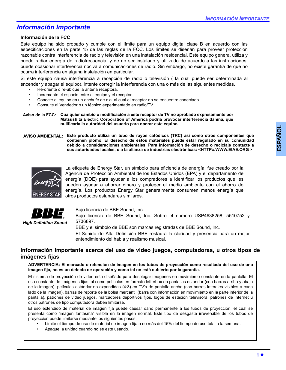 Información importante | Panasonic CT 27HL14 User Manual | Page 27 / 80