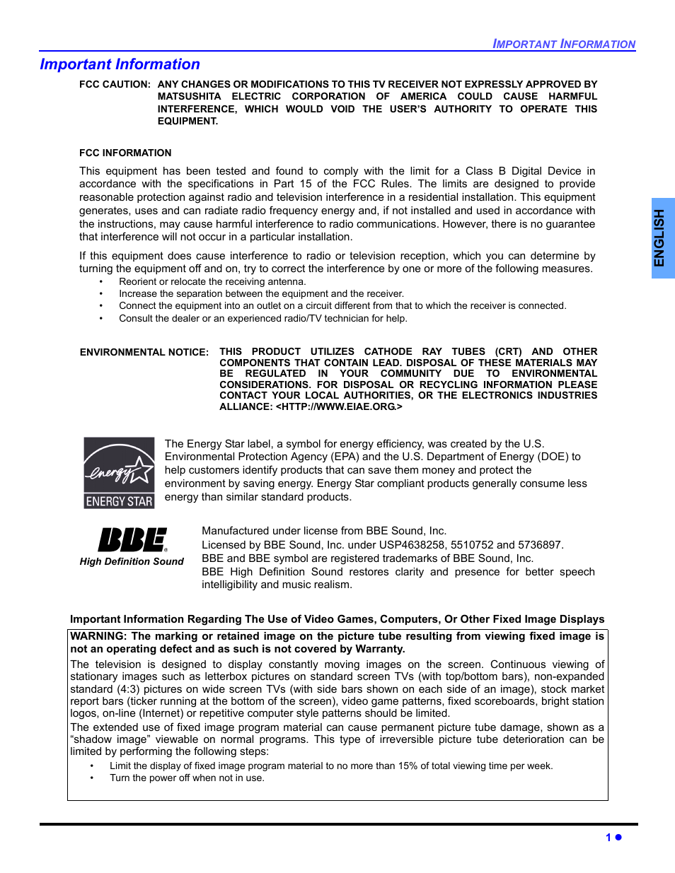 Important information | Panasonic CT 27HL14 User Manual | Page 3 / 80